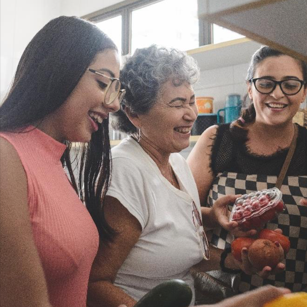 people laughing with food