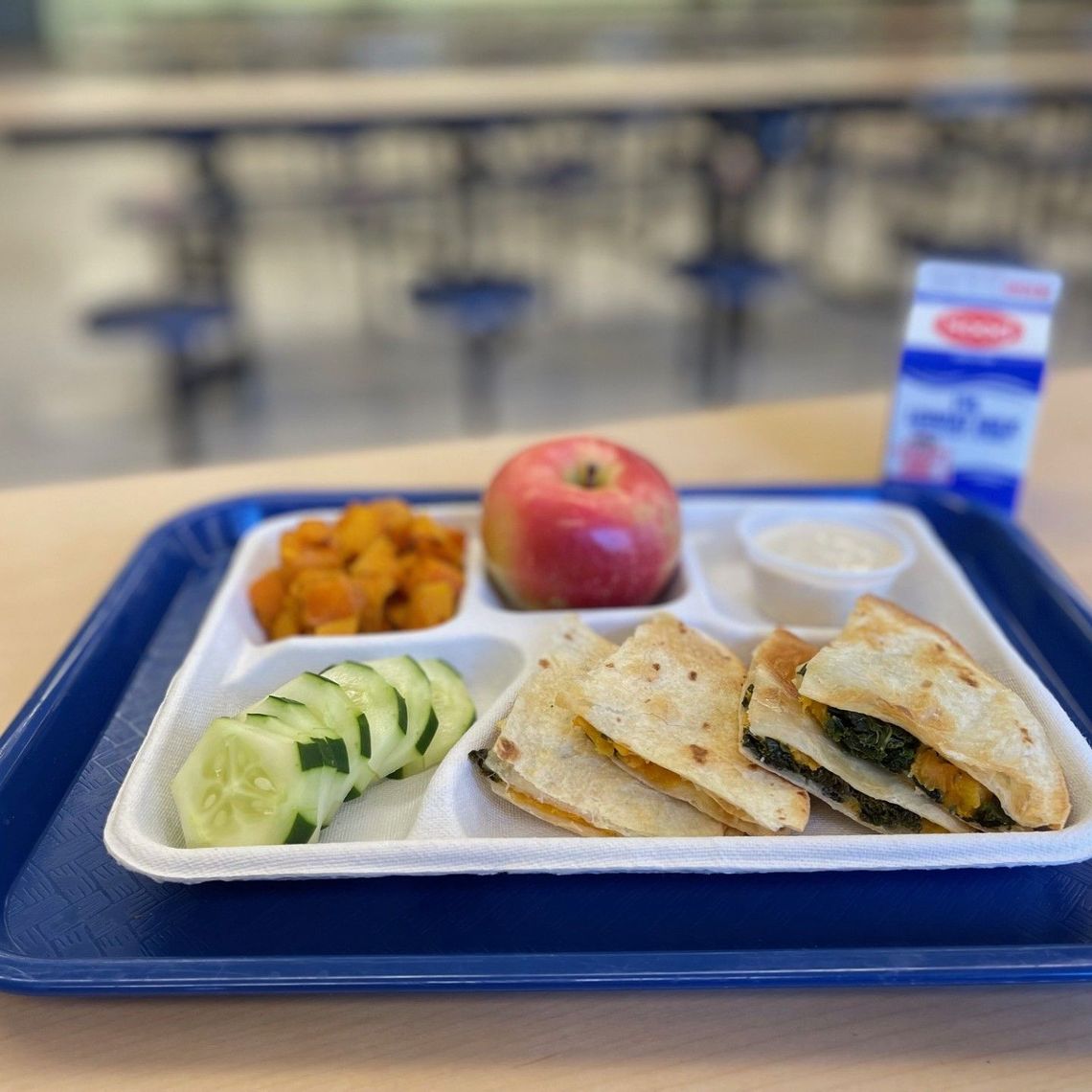 A butternut squash and kale quesadilla on a blue lunch tray.