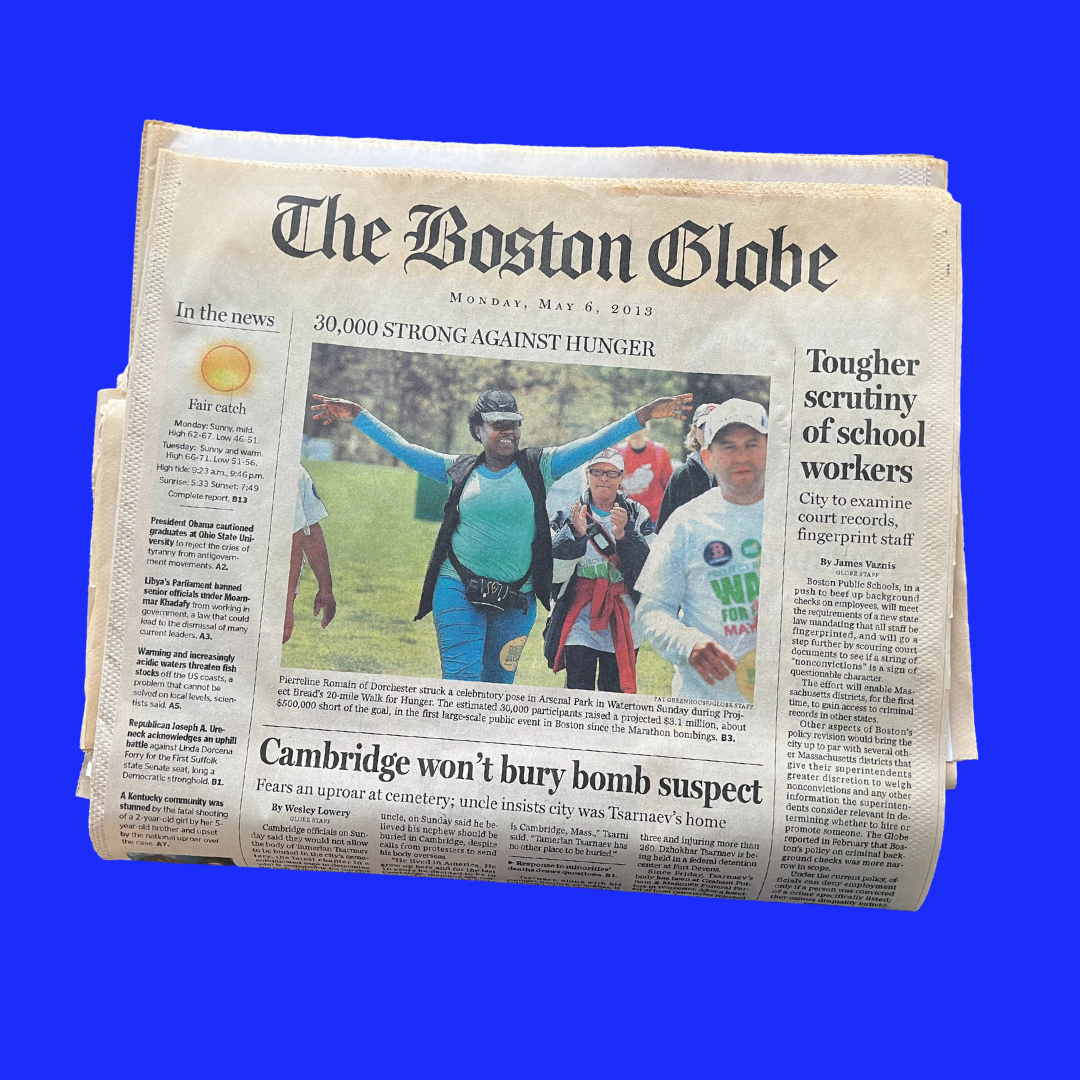 The Boston Globe from May 2013 features the walk for hunger after marathon bombing the year before