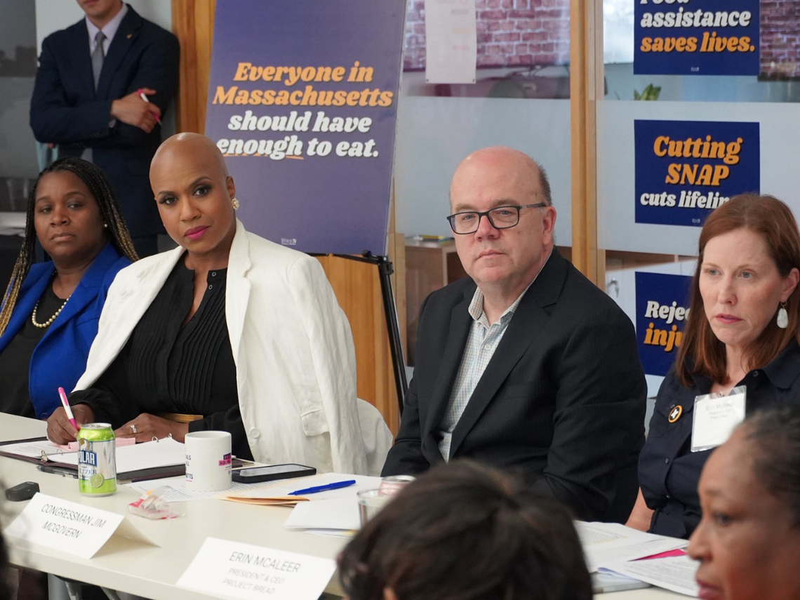 Rep. Pressley and McGovern sit at roundtable to listen to people who have experienced food insecurity after federal SNAP cuts